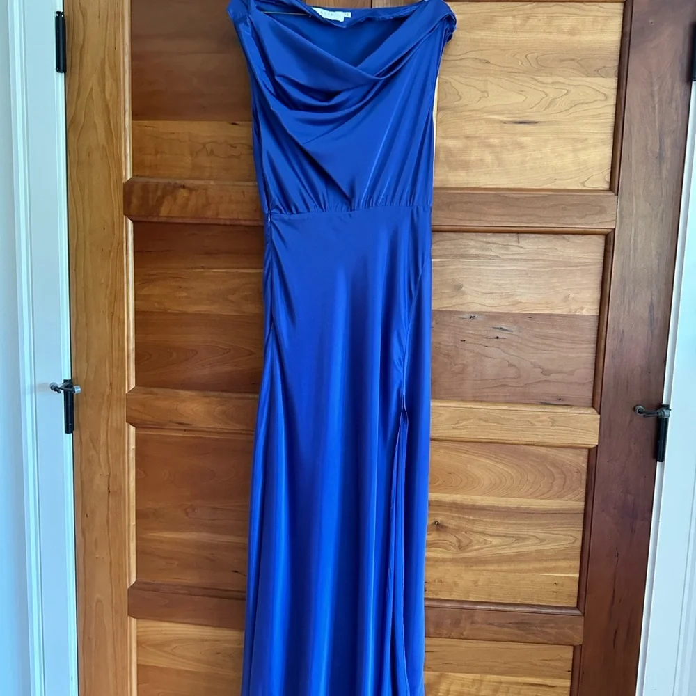 Astr X Revolve Monroe Dress. Asymmetrical Off the Shoulder Gown Blue - Picture 2 of 4